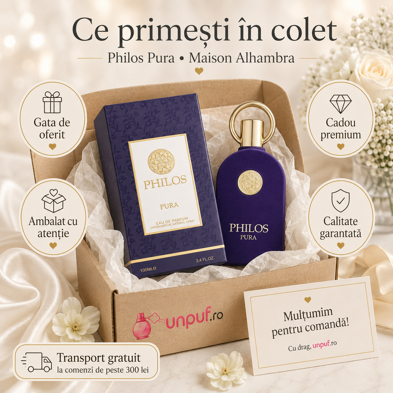 Ce primești &icirc;n colet Maison Alhambra Philos Pura 100 ml, parfum unisex ambalat cu atenție, cadou premium